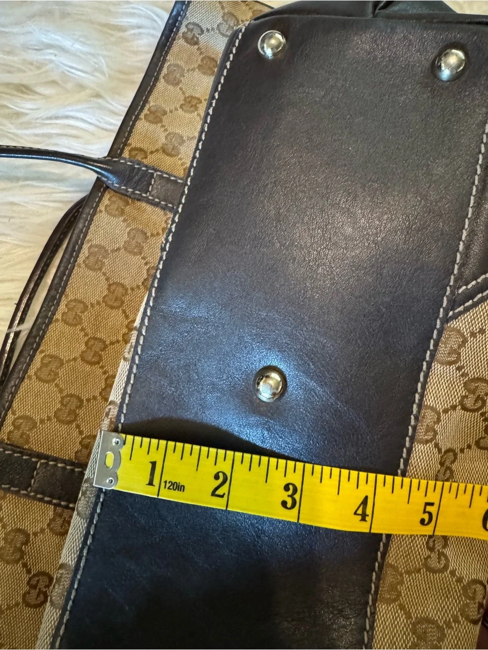 Gucci Beige GG Canvas Tote with Brown Leather Trim